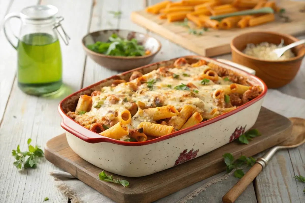 Meatless baked ziti in a dish