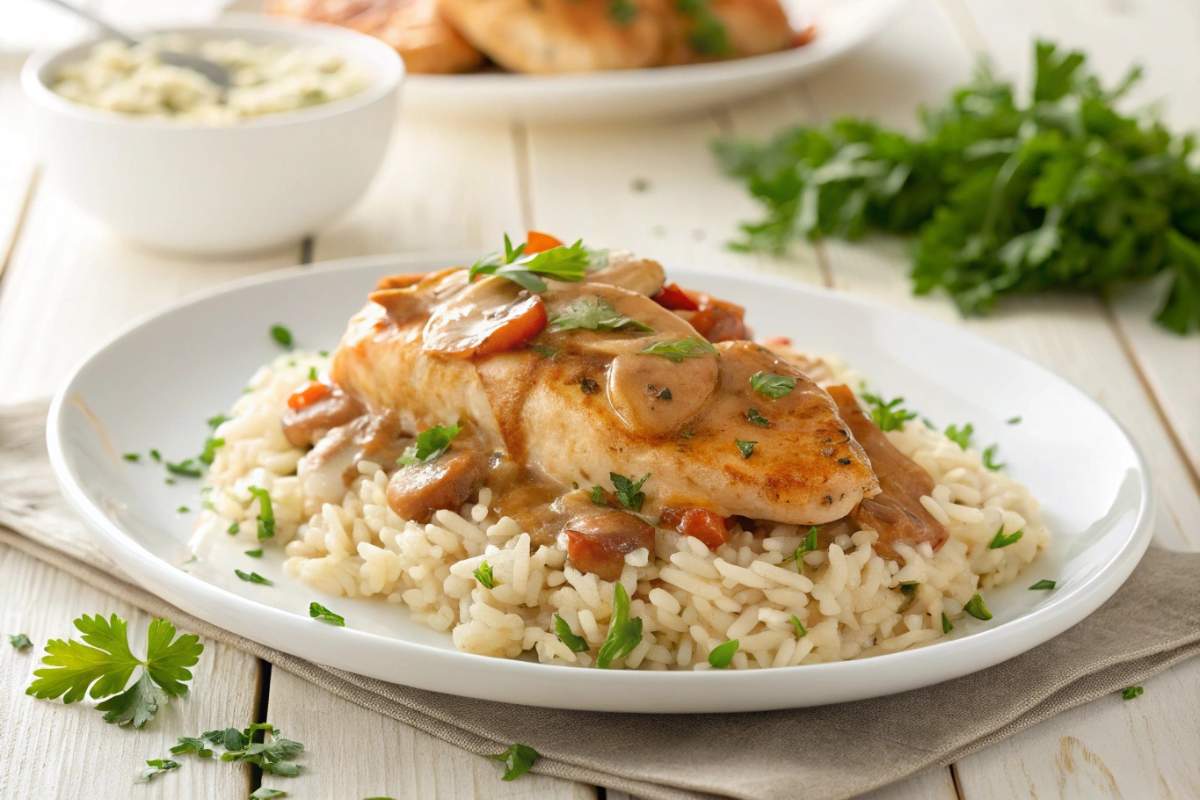 Smothered chicken and rice dish