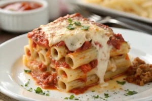 Cheesy baked ziti close-up