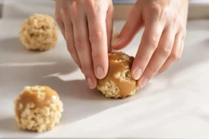 Shaping Caramel Marshmallow Rice Krispie Balls