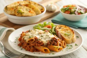 Meatless baked ziti with garlic bread