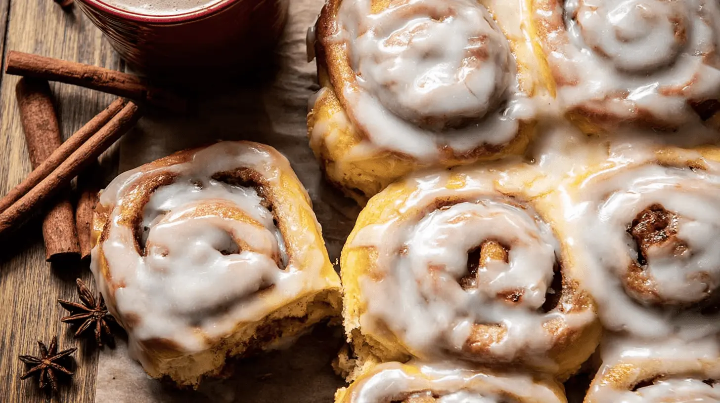 Freshly baked apple cinnamon rolls with a generous layer of white icing, accompanied by cinnamon sticks on a wooden surface.