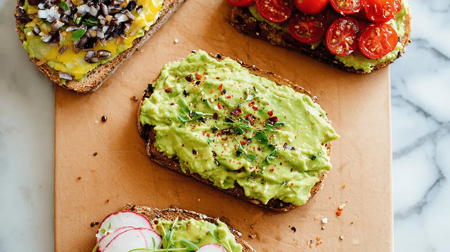 Four vibrant avocado toast recipe creations, artfully arranged on a wooden board with various fresh toppings.