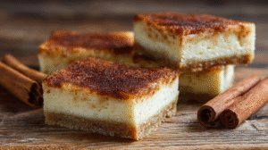churro cheesecake bars, generously dusted with cinnamon sugar, presented on a light rustic wooden surface.