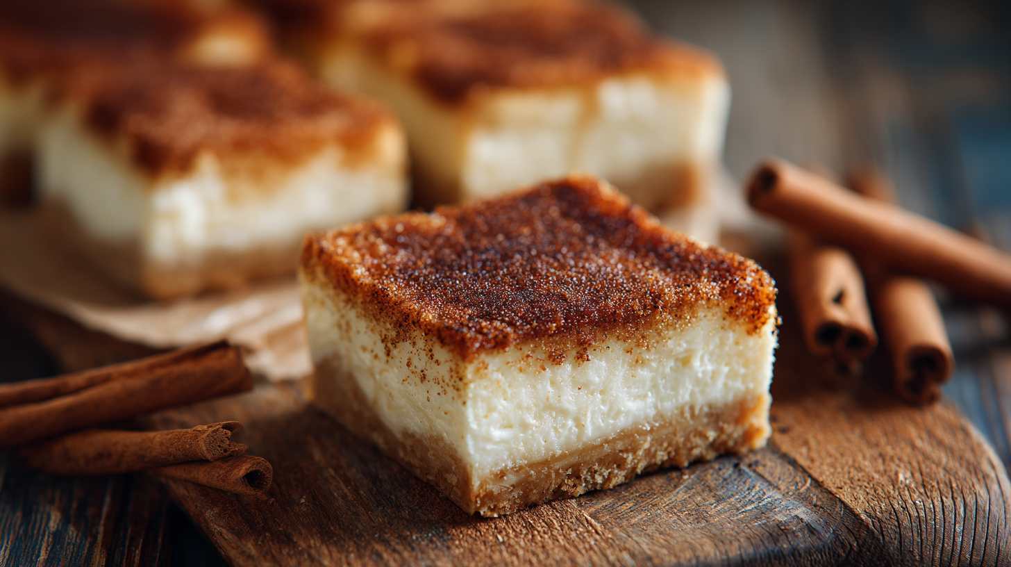 Delicious Churro Cheesecake Bars 3 Delicious churro cheesecake bars, generously dusted with cinnamon sugar, presented on a light rustic wooden surface.