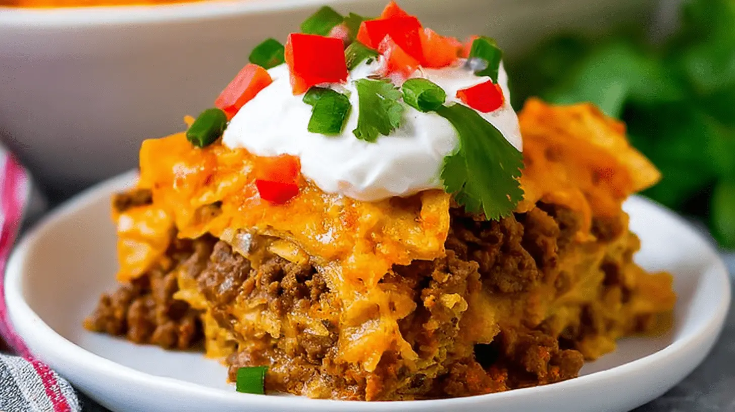 Main 4 A single serving of savory dorito casserole with layers of seasoned meat, melted cheese, and fresh toppings including sour cream and green onions.