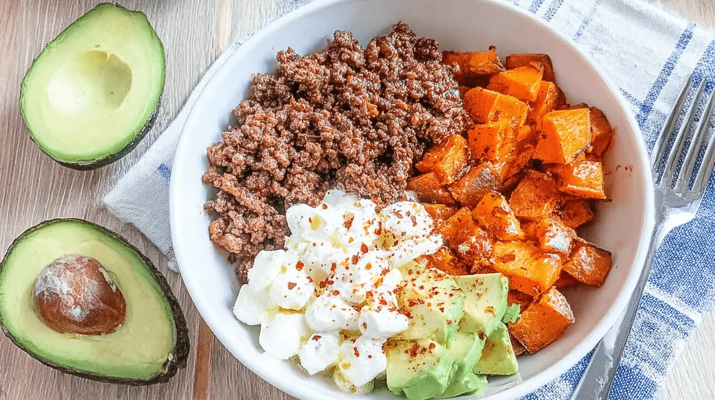 Main 2 Top-down view of a vibrant and healthy ground beef bowl with sweet potato, avocado, and cottage cheese on a rustic wooden surface.
